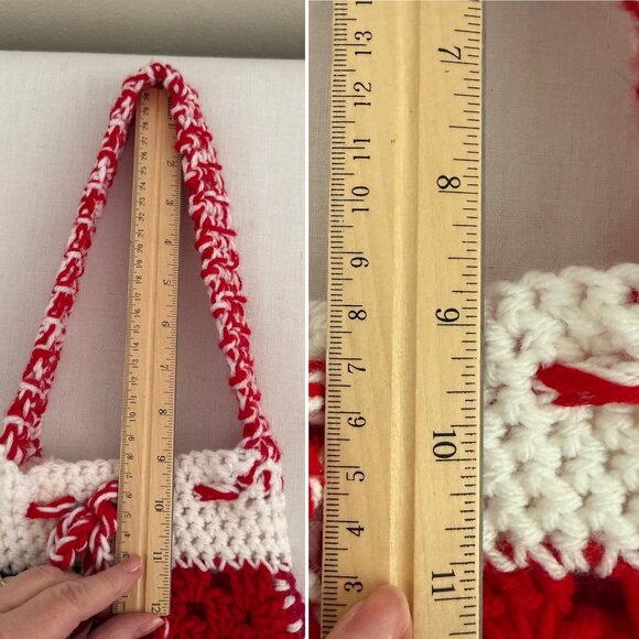 Handmade Crochet Small Shoulder Bag Granny Square Red White Blue Drawstring Tote - Picture 6 of 8
